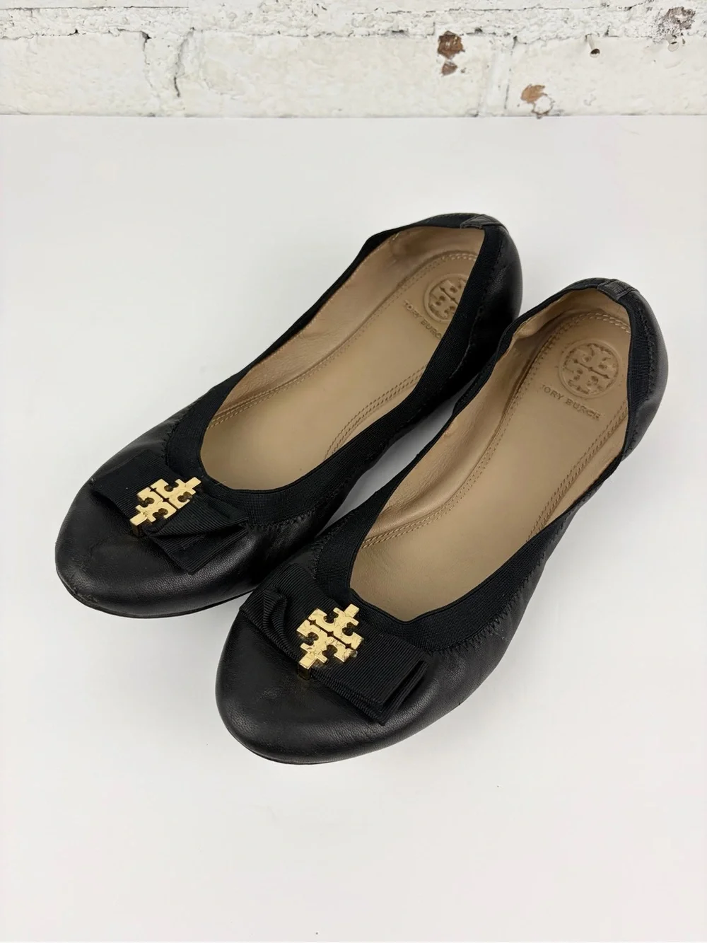 Tory Burch Sedgwick Elastic Ballet Flats Bow Logo Toe 10.5